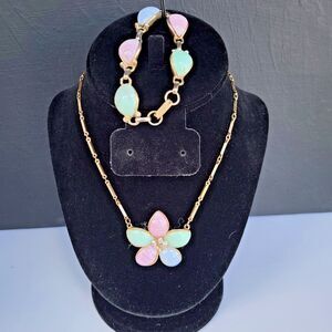 Vintage 60 Demi Parure Necklace and Bracelet set Flower with Pastel Stones